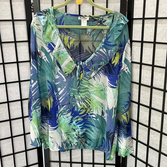Mr Max Sheer Blouse, Leafy Pattern, Bell Sleeves, NWOT SZ XL - Picture 1 of 9
